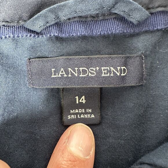Lands End Eyelet Popover Dress Sz 14 Navy Blue Midi Vacation Career Pockets - Picture 5 of 15